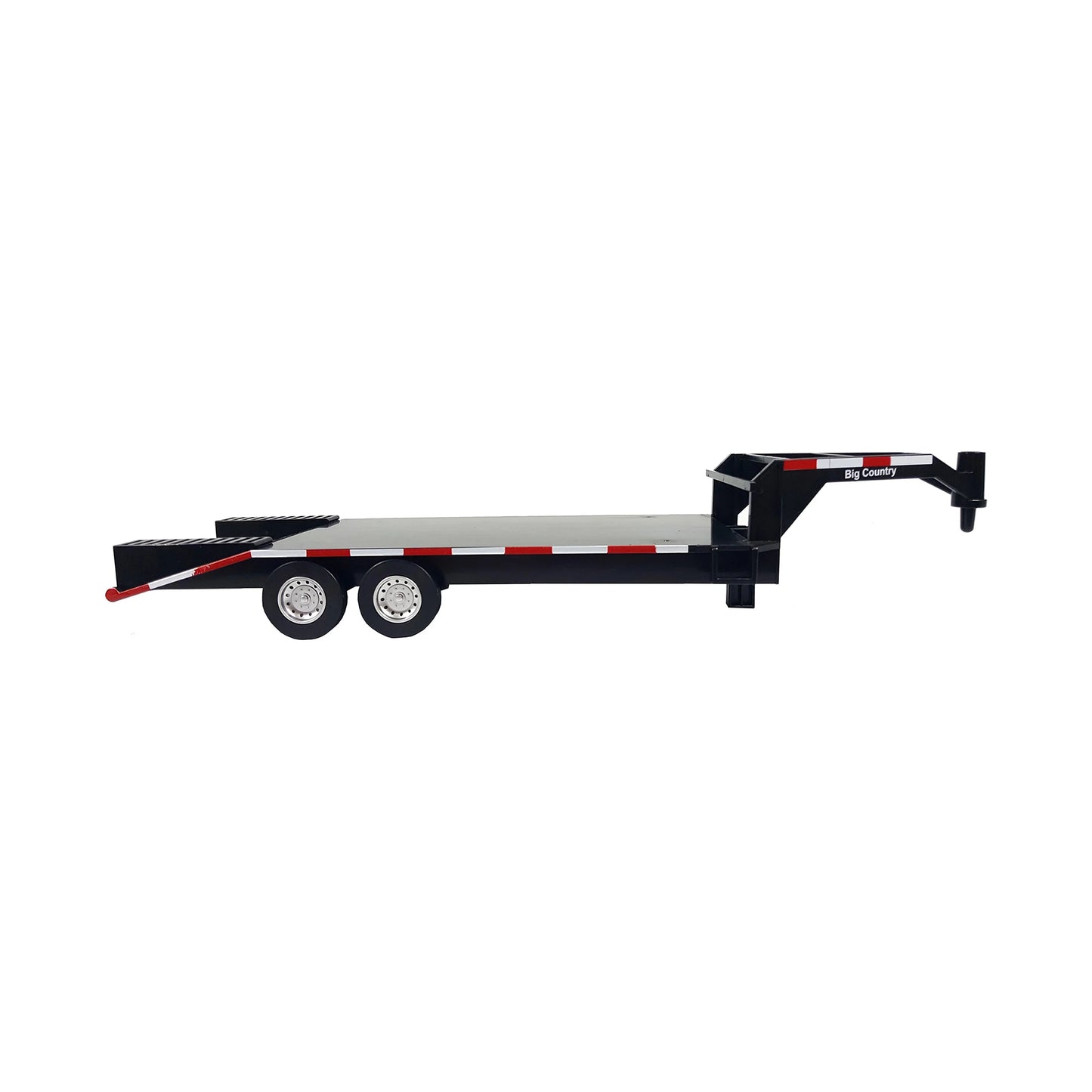 Black gooseneck flatbed utility trailer toy with dual axles on white background