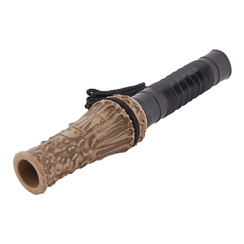 A camouflage dog chew toy shaped like a tree trunk, featuring a textured tan-brown bark pattern, a black ribbed handle, and a black cord tie, shown on a plain white background.