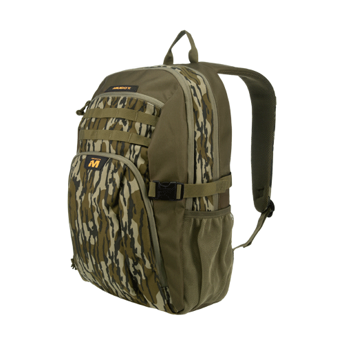 A tactical backpack in olive green and brown camouflage pattern, featuring multiple zippered compartments, a side mesh pocket, and a padded shoulder strap, shown on a plain white background.
