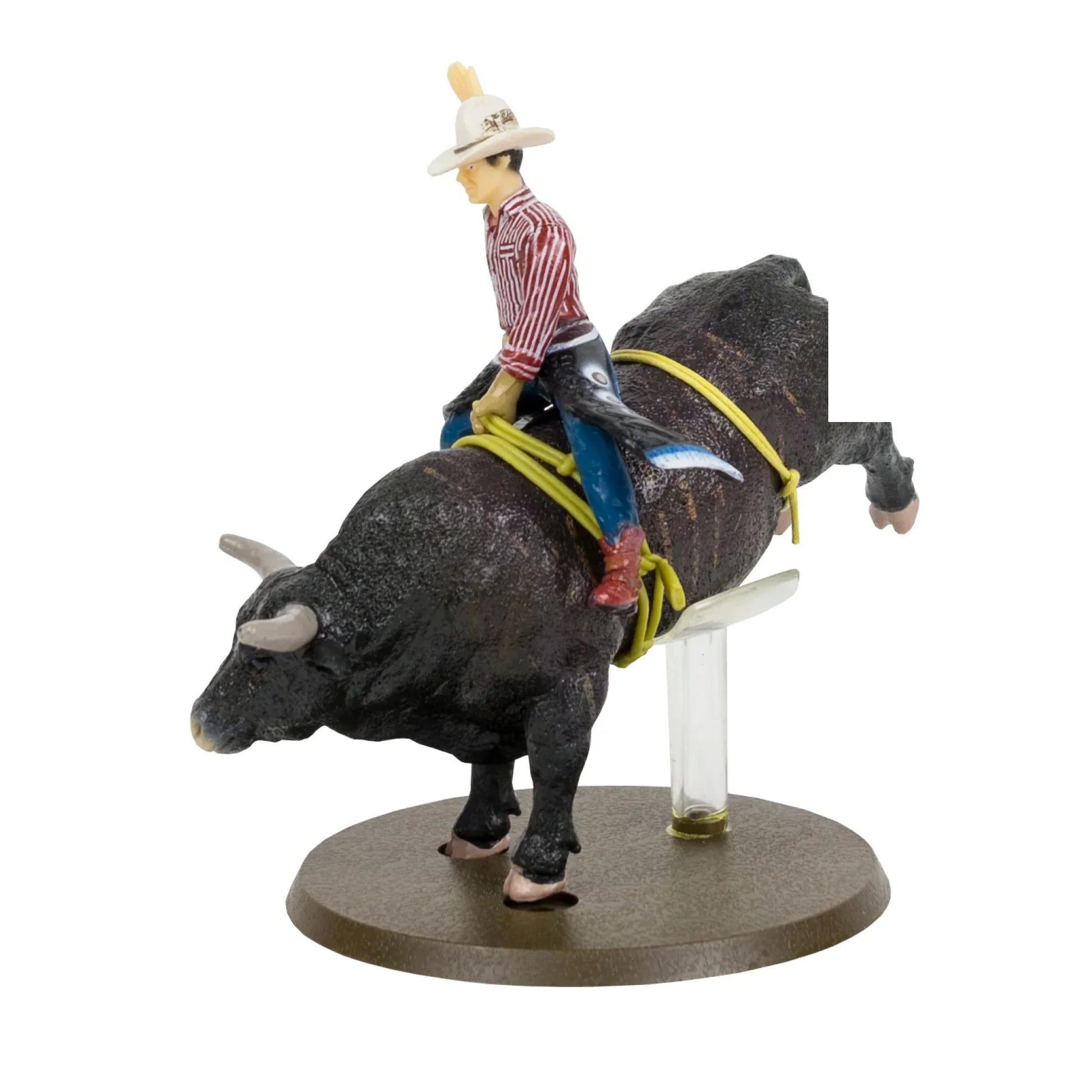 Bull riding figurine with cowboy in striped shirt and hat on a black bull toy model