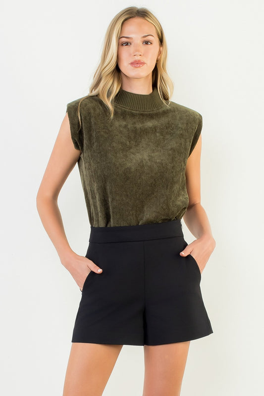 Sleeveless Mock Neck Suede Top