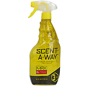 A yellow and black spray bottle of Scent-A-Way Max odor remover with a yellow trigger sprayer and white spray head, shown on a plain white background.
