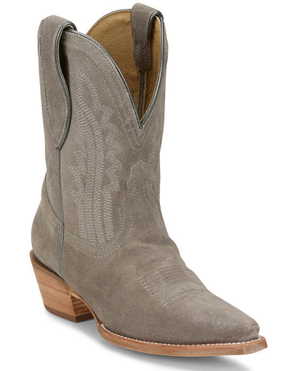 Gray suede western cowboy boot with pointed toe and decorative stitching