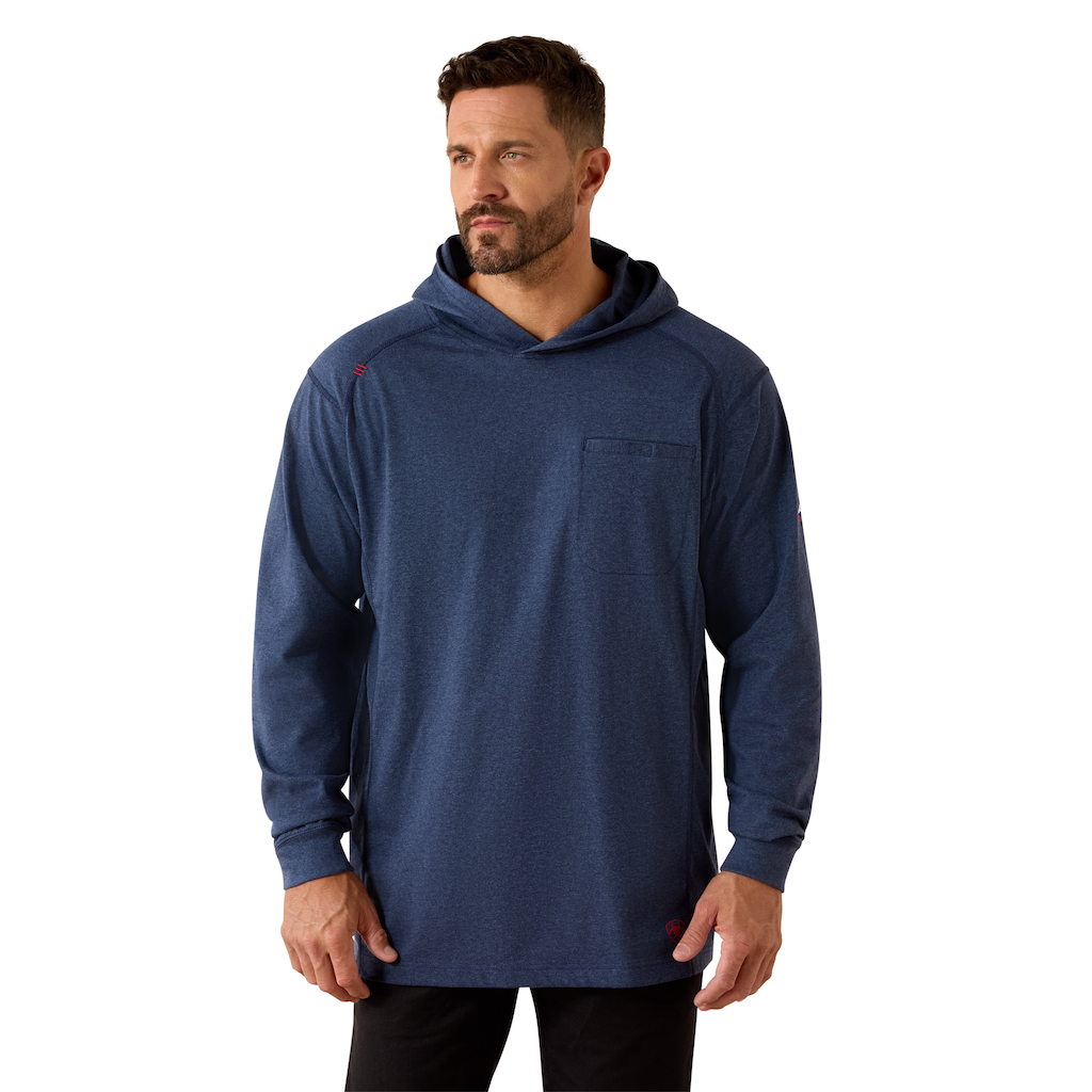 Man wearing a blue long sleeve hooded pullover with chest pocket, casual outdoor apparel