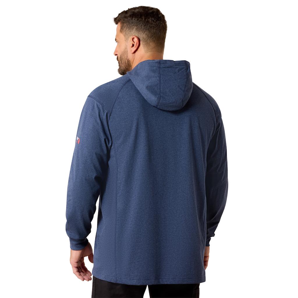 Man wearing blue long-sleeve hooded jacket, back view, casual outdoor clothing