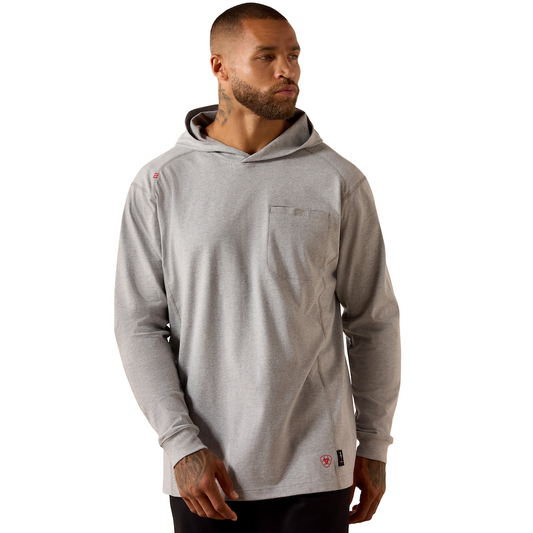 Man wearing a gray hoodie on a white background
