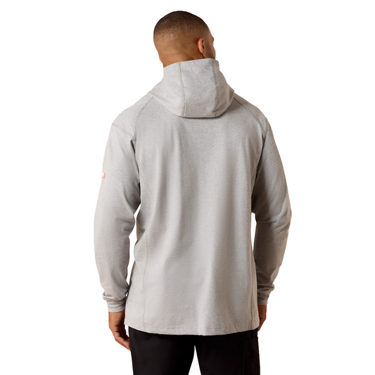 Person wearing a gray hoodie with a visible brand logo on a white background
