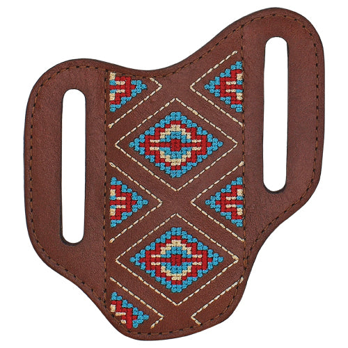 Brown leather holster with geometric bead pattern on a white background
