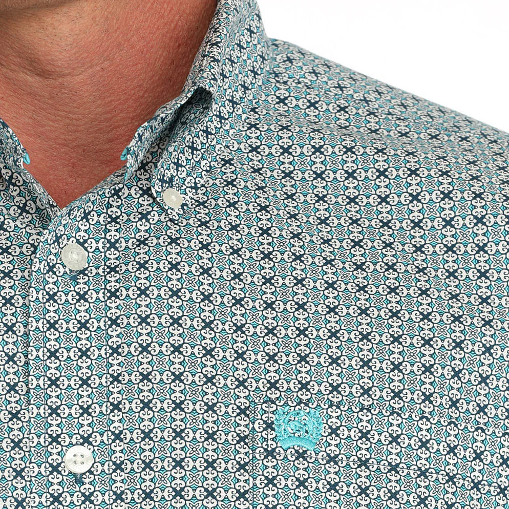 Men's button-down shirt with geometric teal and white pattern