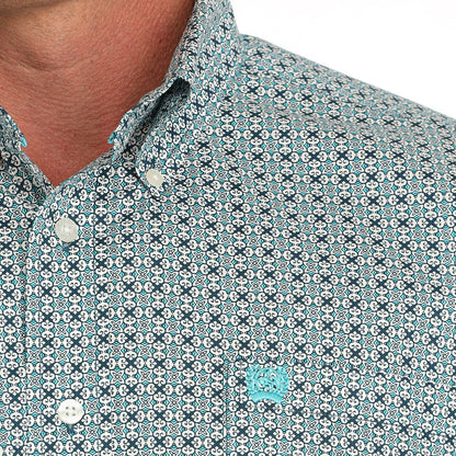 Men's button-down shirt with geometric teal and white pattern