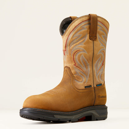 Tan work boot with intricate stitching on a white background