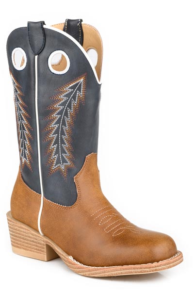 ROPER BIG KIDS FOOTWEAR   SQ TOE COWBOY TAN FAUX LEATHER VAMP,  10" NAVY SHAFT WITH PULL HOLES