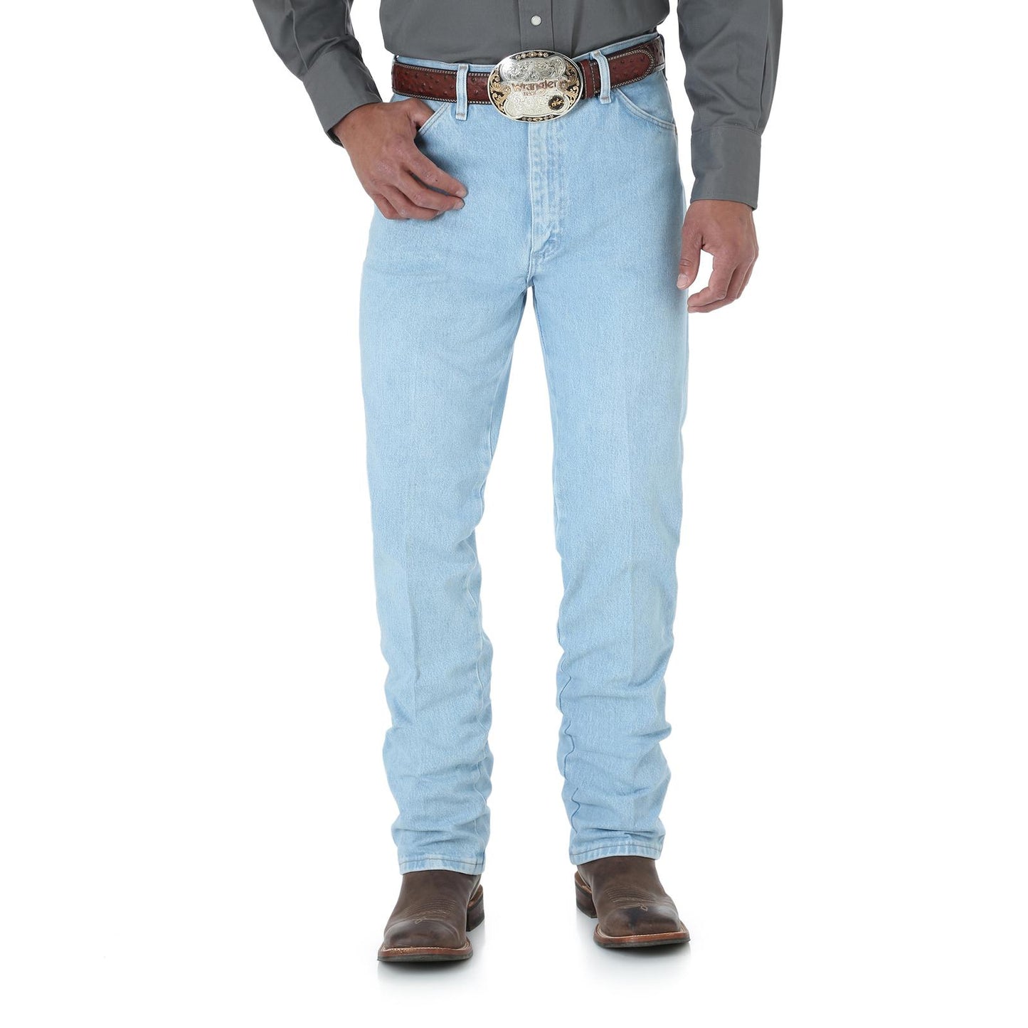 Man wearing light wash straight leg jeans, cowboy boots, and a western belt buckle