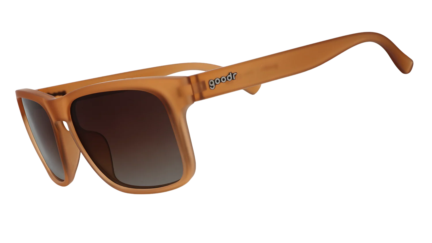 Brown square frame sunglasses with gradient lenses and goodr logo on the arm