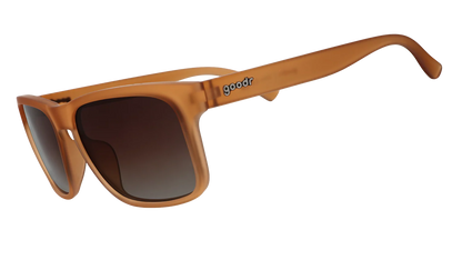 Brown square frame sunglasses with gradient lenses and goodr logo on the arm