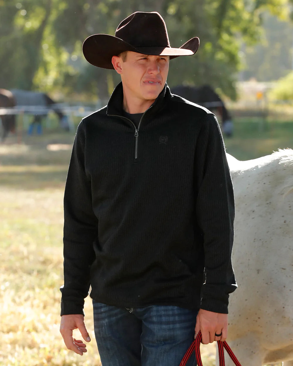 Man in cowboy hat and black quarter-zip sweater outdoors holding rope near horse