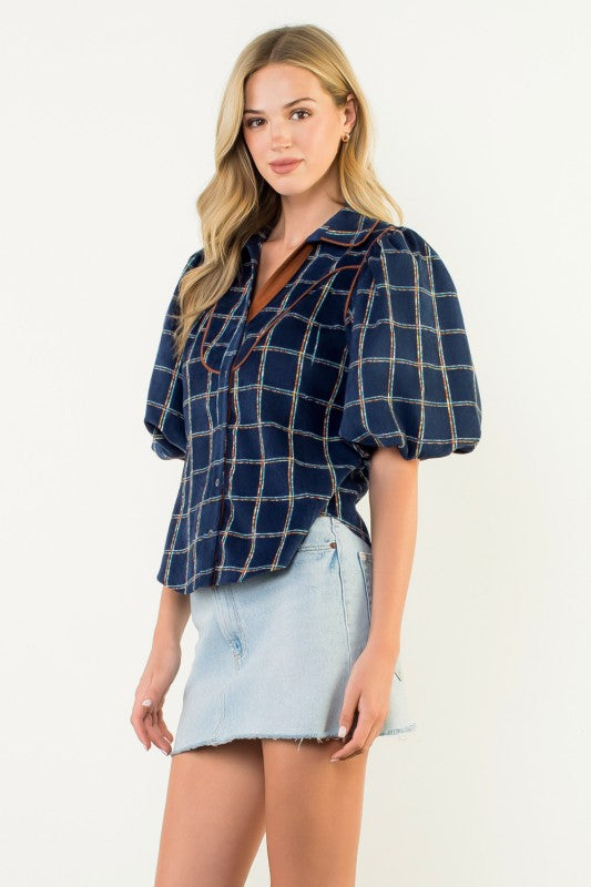 Puff Sleeve Plaid Corduroy Top