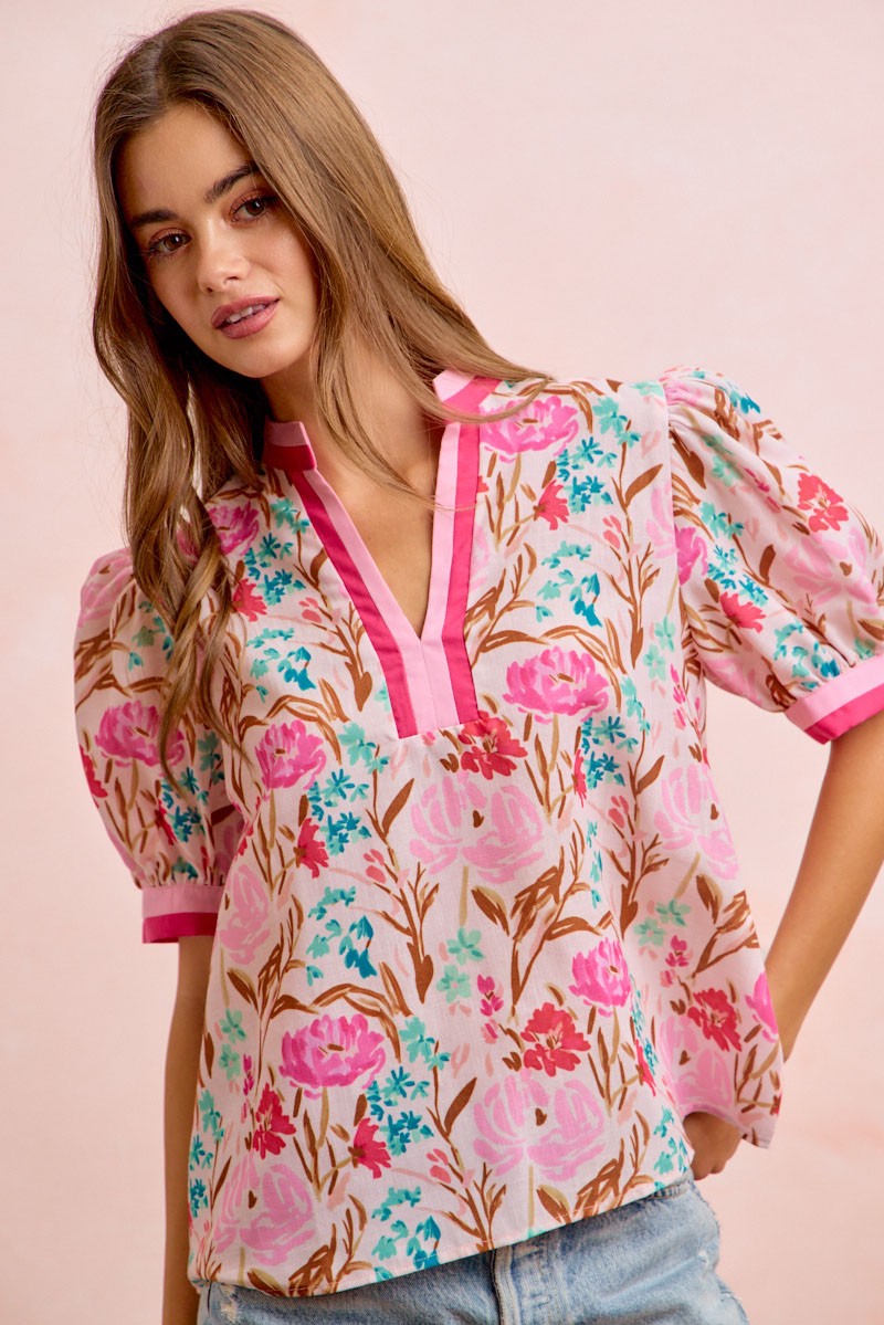 FLOWER PRINTED WOVEN CONTRAST TRIM BLOUSE TOP