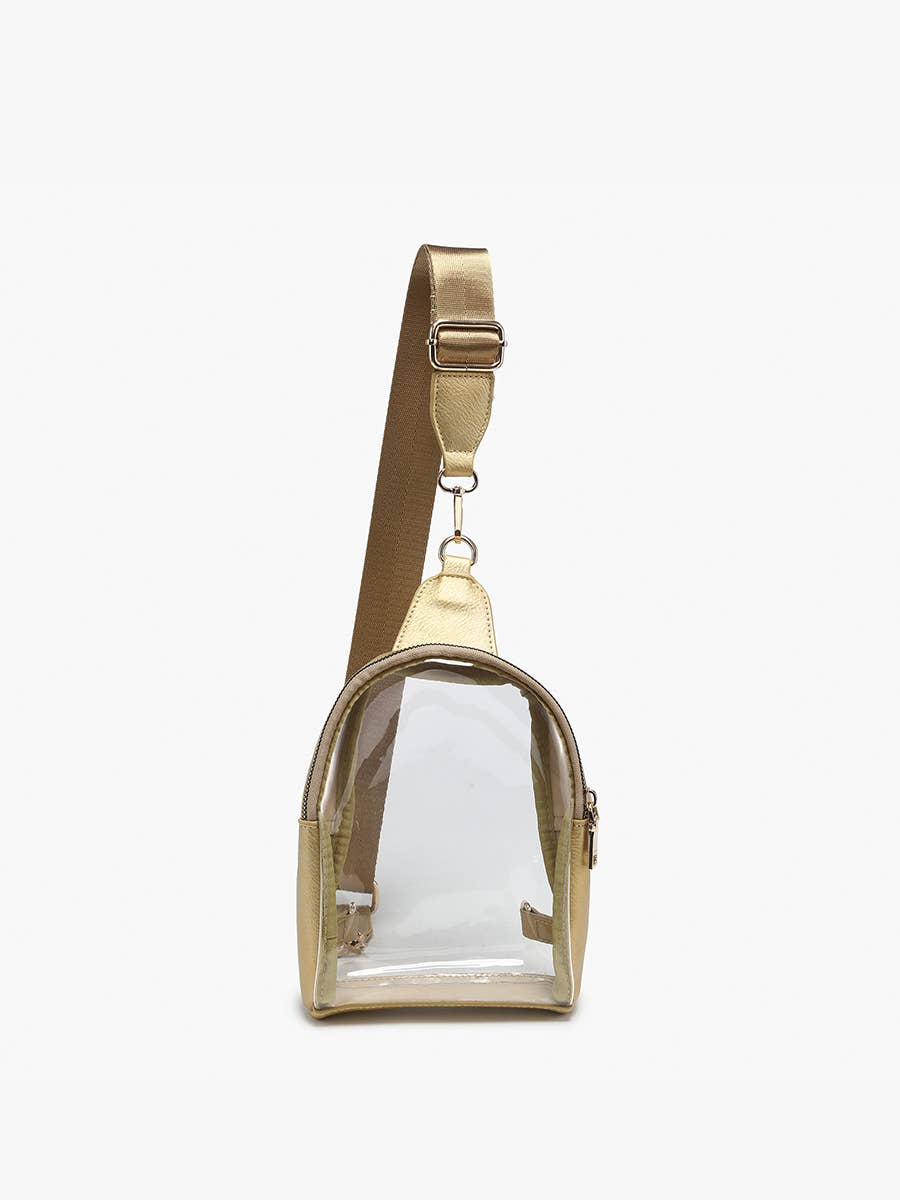Beige crossbody bag with clear front pocket on a white background