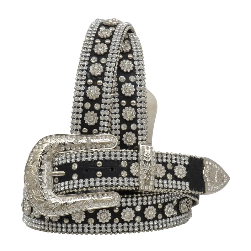 Black belt with silver floral patterns and a large silver buckle on a white background