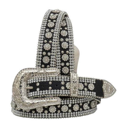 Black belt with silver floral patterns and a large silver buckle on a white background