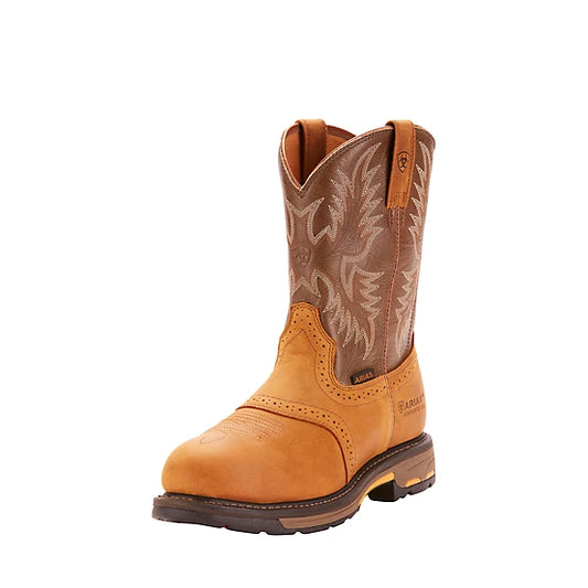 Tan and brown leather western work boot with stitched pattern and rugged sole