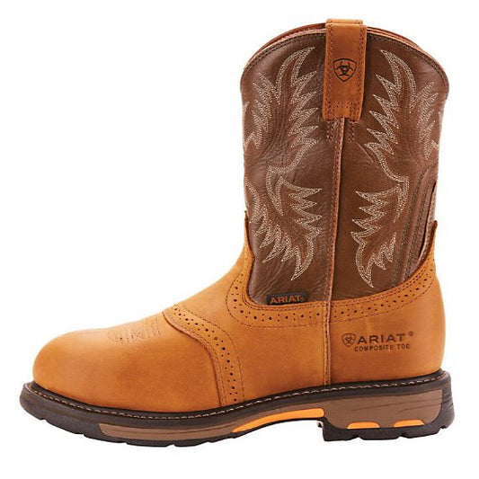 Men's brown leather work boot with composite toe and decorative stitching, side view
