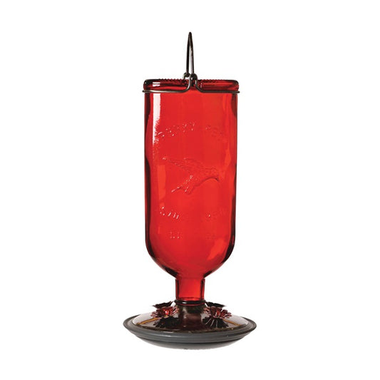 Antique Style Glass Hummingbird Feeder With Red Base And Bottle Design
