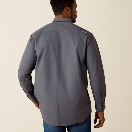 Ariat men's FR Featherlight long-sleeve work shirt in gunmetal gray, back view