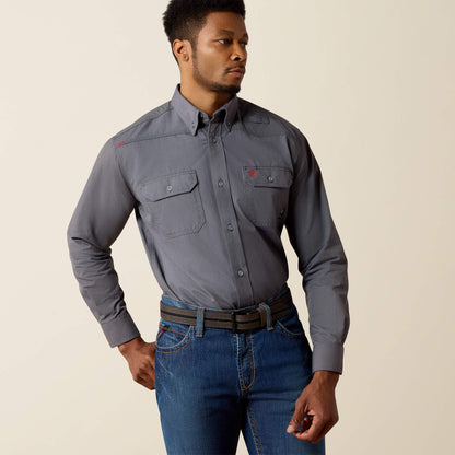 Ariat men's FR Featherlight long-sleeve work shirt in gunmetal gray, front view showing button placket and dual chest pockets