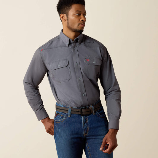 Ariat men's FR Featherlight long-sleeve work shirt in gunmetal gray, front view showing button placket and dual chest pockets