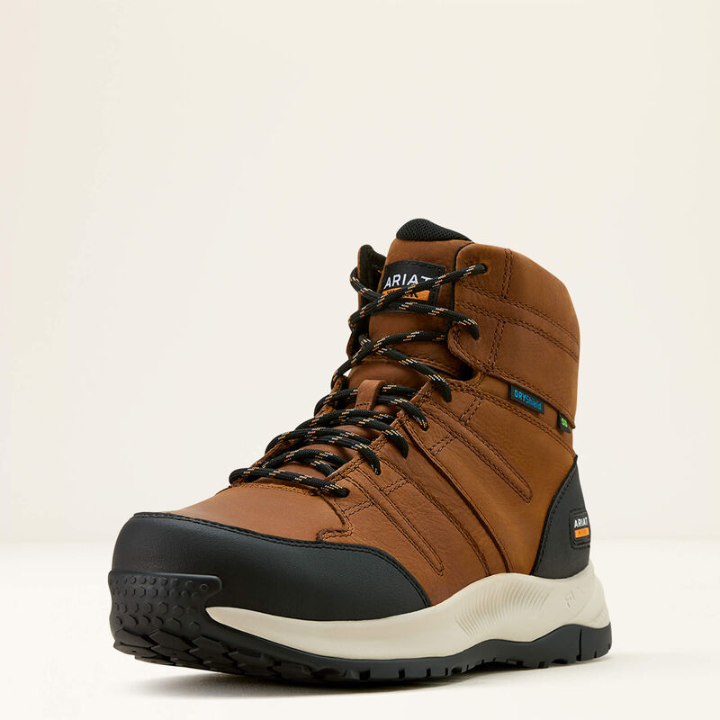 Brown leather hiking boot with black rubber sole and laces, waterproof outdoor footwear