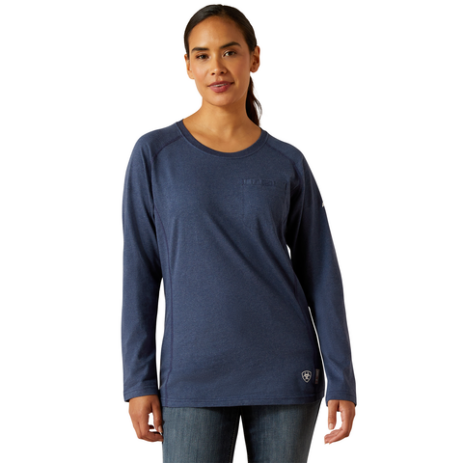 Woman wearing a blue long-sleeve shirt on a white background