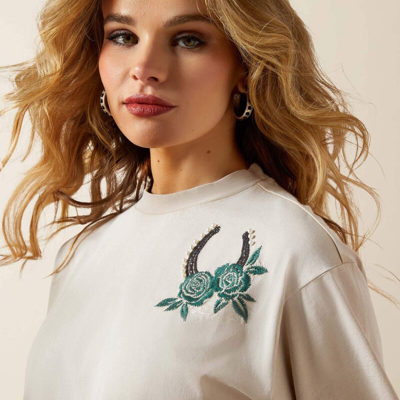 Ariat Women's Washed Beige Lucky Pearl Embellished Graphic Boxy Crop Tee Shirt