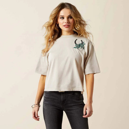 Ariat Women's Washed Beige Lucky Pearl Embellished Graphic Boxy Crop Tee Shirt