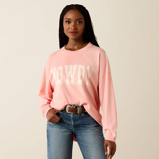 Camiseta de manga larga extragrande Ariat de lona color melocotón con gráfico Howdy para mujer