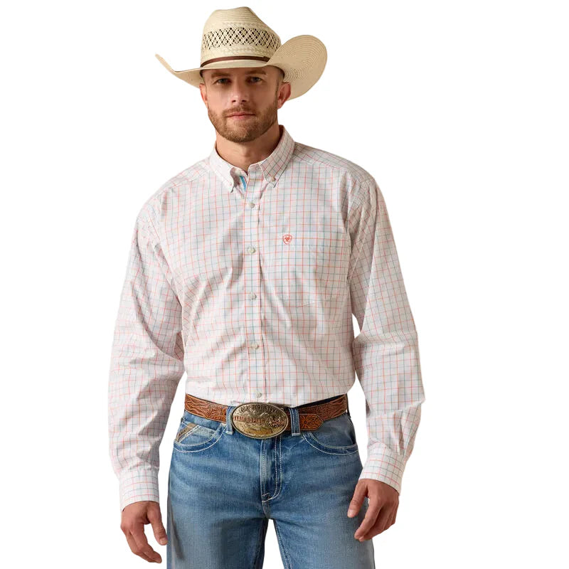 Man in straw cowboy hat, plaid button-down shirt, and blue jeans with a western belt buckle