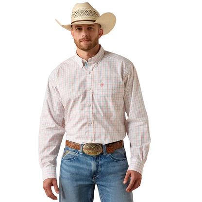 Man in straw cowboy hat, plaid button-down shirt, and blue jeans with a western belt buckle
