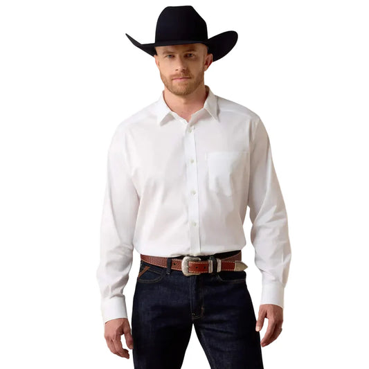 Man wearing a white shirt, black cowboy hat, and dark jeans on a white background