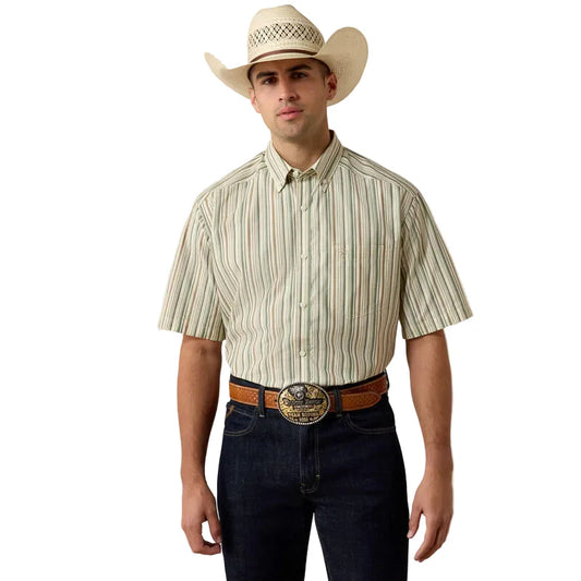 Button-front closure with button-down collar points keeps the shirt neat and polished