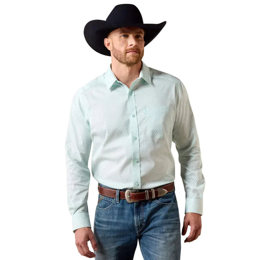 Button-front closure with button-down collar points keeps the shirt neat and polished