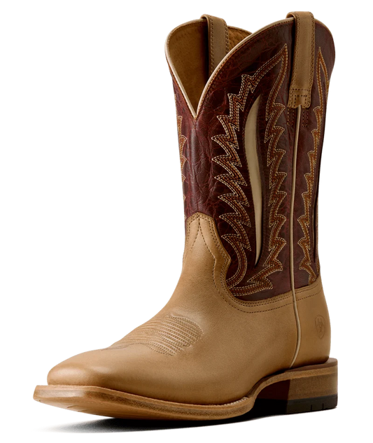 A single western cowboy boot in tan leather with a dark brown shaft featuring decorative zigzag stitching and contrast stitching, shown on a plain white background.