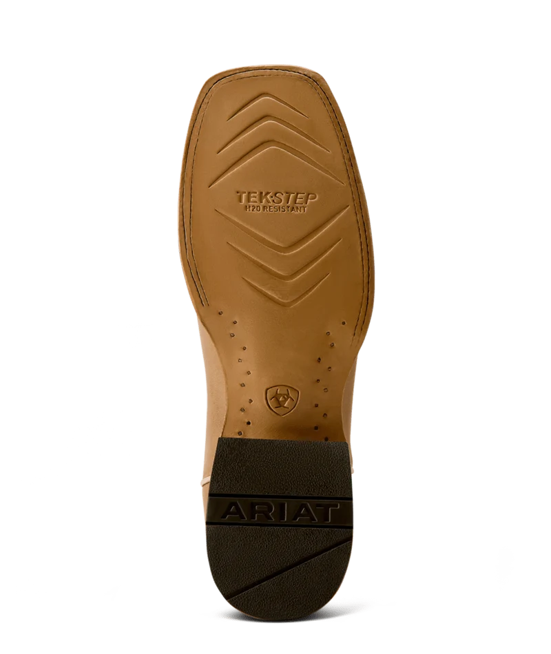 The outsole of a brown leather boot, showing the textured tan TEKSTEP tread and a dark brown heel with the ARIAT logo embossed.