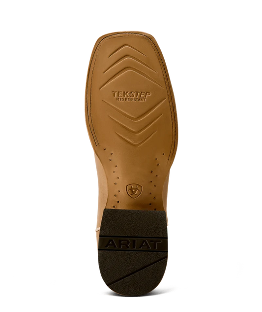 The outsole of a brown leather boot, showing the textured tan TEKSTEP tread and a dark brown heel with the ARIAT logo embossed.