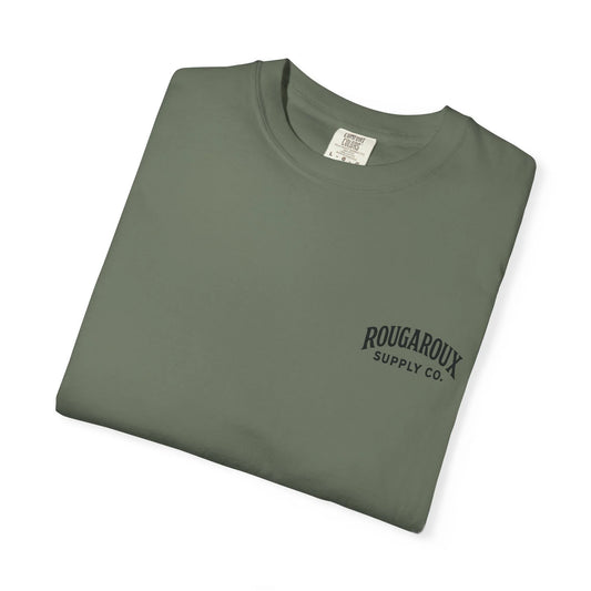 Folded green t-shirt with a black logo on a white background