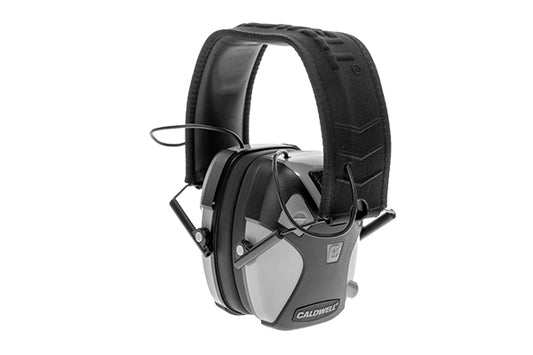 Black and gray ear protection device on a white background