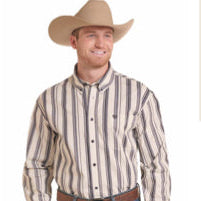 A man wearing a long-sleeve striped western shirt and jeans stands against a white background, with a fabric swatch panel and printed product details for a Rock & Roll Denim Moverena Group Brown stripe print shirt.