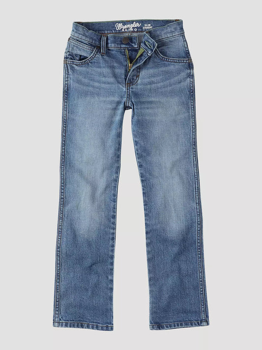 Slim straight leg blue jeans with front zipper and classic five-pocket design