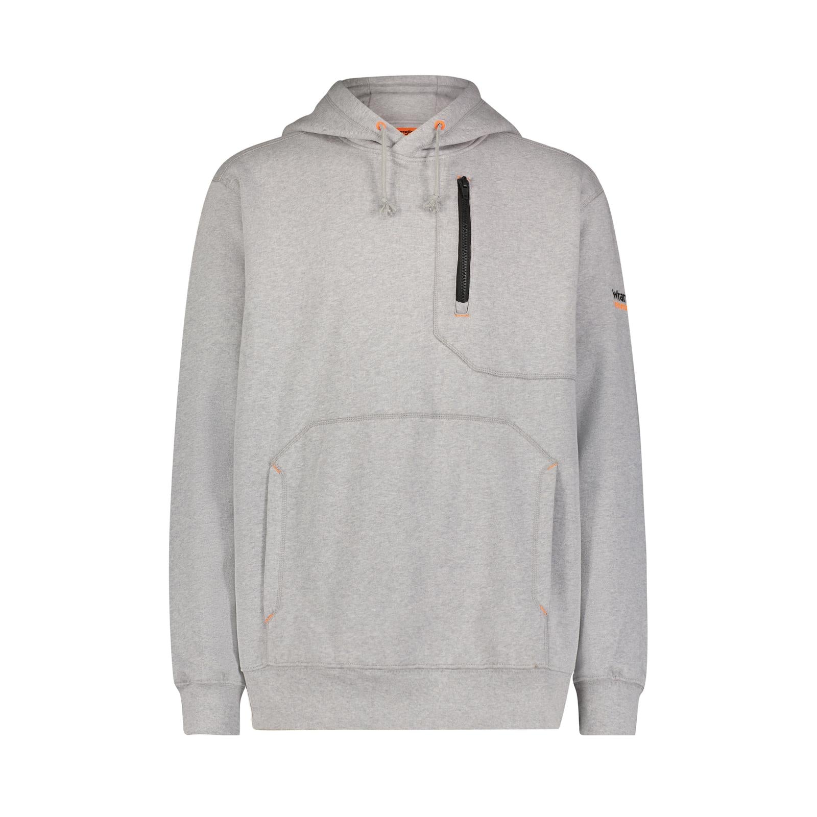 Gray hoodie with a black zipper on a white background