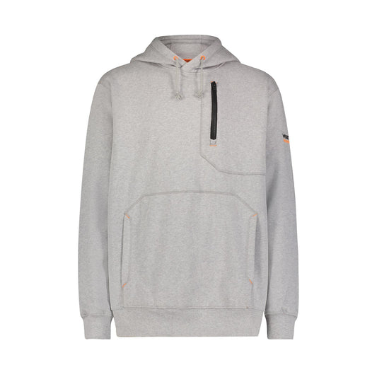Gray hoodie with a black zipper on a white background